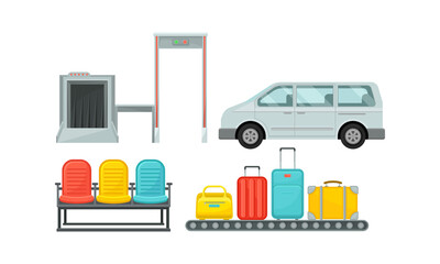 Wall Mural - Baggage Conveyor Belt and Seats as Airport Terminal Vector Set