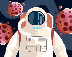Wall Mural - space explorer, cosmonaut or astronaut in spacesuit with asteroids
