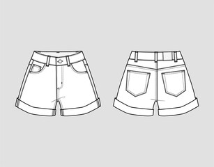 Wall Mural - Denim shorts. High waist, boyfriend fit, rolled up. Vector technical sketch. Mockup template.