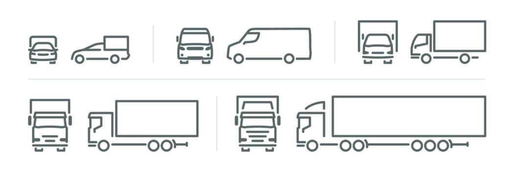 set of transport icons, line silhouette front and side view, delivery transport