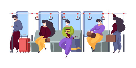 Sticker - Public transport interior. People masked distance sitting in subway or bus modern inside train tired persons garish vector background flat illustration. Subway public in quarantine, passenger in mask