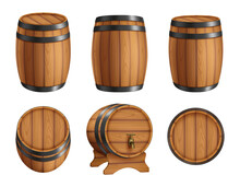 Barrels Alcohol. Front And Top View Of Wooden Barrels With Rum Bar Containers Faucet Hoop Decent Vector Realistic Illustration Set. Barrel And Keg, Cask For Alcohol Wine Beer