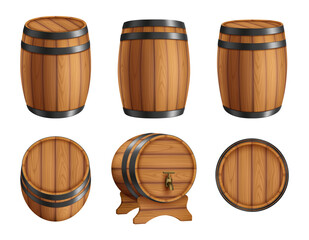 Canvas Print - Barrels alcohol. Front and top view of wooden barrels with rum bar containers faucet hoop decent vector realistic illustration set. Barrel and keg, cask for alcohol wine beer