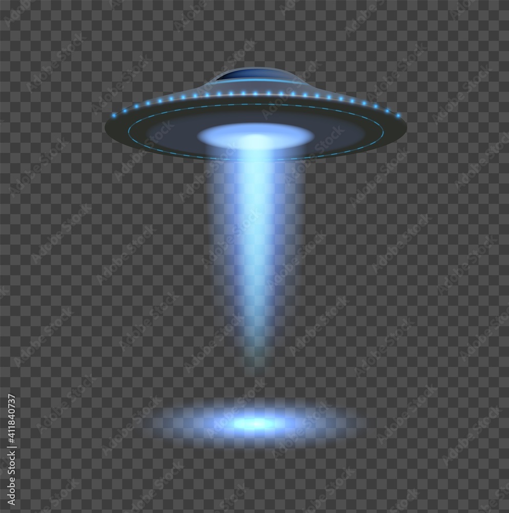Blue ufo lights. Aliens spaceship spotlight, 3d space object isolated on transparent background. Flying rays, futuristic ship vector element. Illustration ufo spotlight, alien spaceship - obrazy, fototapety, plakaty 