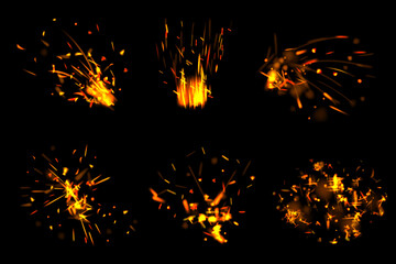 Canvas Print - Fire particles. Glowing effects with little flame parts burned sparks decent vector realistic set isolated. Fire light effect, spark in bright illustration