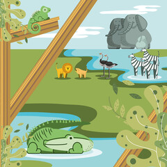 Sticker - jungle animals cartoon on the nature scene