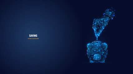 Poster - Digital 3d hand putting money into piggy coin bank. Abstract vector wireframe of saving money, finances, budget concept in dark blue. Low poly mesh with dots, lines and shapes looks like starry sky 