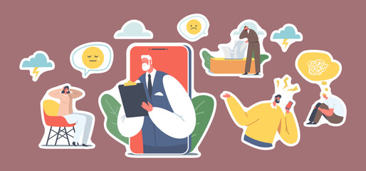 Poster - set stickers psychotherapy helpline, online consultation. depressed characters and doctor psychologi