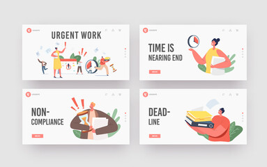 Wall Mural - Urgent Work, Deadline Landing Page Template Set. Anxious Tiny Business Characters in Chaos Office Workplace