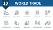 World Trade icon set. Collection contain development solution, risks management, global economics, eye of providence, global forum and over icons. World Trade elements set.