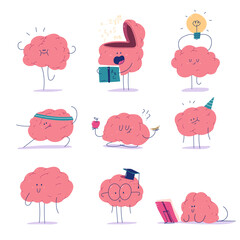 Cute brain vector cartoon characters set isolated on a white background.