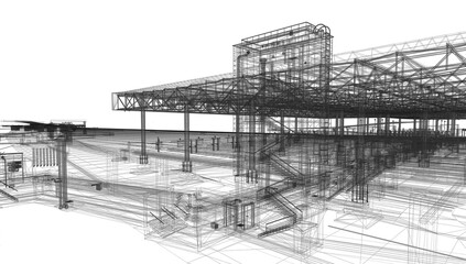 Fototapete - View of BIM model of the building at wareframe mode