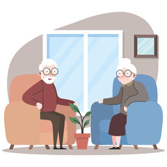 Poster - cute grandparents couple seated in sofa characters vector illustration design