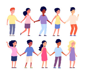 Wall Mural - Kids holding hands. Multicultural people, cartoon children friends together. Happy face, isolated kindergarten group, friendship utter vector concept. People kids multicultural happy