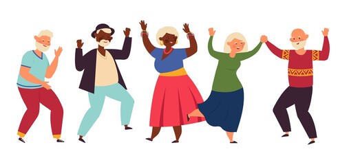 Dancing seniors. Elderly party, senior people dance fun. Old friends, isolated happy active grandparents, diverse dancers decent vector set. Illustration people group mature together dance