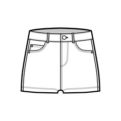 Wall Mural - Denim hot short pants technical fashion illustration with micro length, low waist, low rise, 5 pockets. Flat bottom apparel template front, white color style. Women, men, unisex CAD mockup