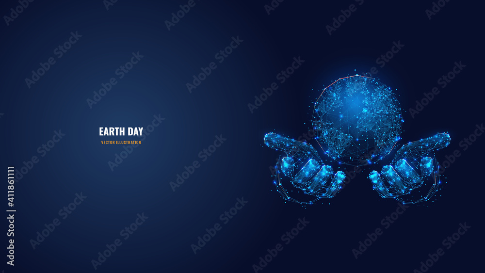 Abstract 3d hands holding Earth in dark blue. Digital vector world globe wireframe looks like starry sky. Earth Day, environment, save planet concept. Low poly mesh with dots, lines and particles  - obrazy, fototapety, plakaty 