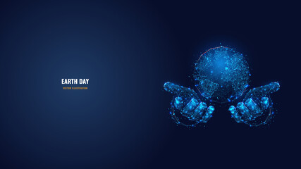 Poster - Abstract 3d hands holding Earth in dark blue. Digital vector world globe wireframe looks like starry sky. Earth Day, environment, save planet concept. Low poly mesh with dots, lines and particles 