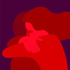 vector very stylized illustration of silhouettes of two hugging people in purple and pink colors. This illustration can be used as a card for Valentine's Day or International Hug Day.