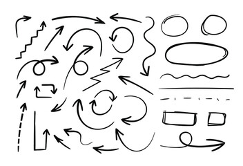 Wall Mural - vector hand drawn arrows and circles, design element set, black arrows isolated on white background.