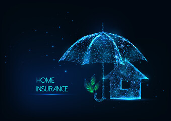 Wall Mural - Futuristic home insurance concept with glowing low polygonal house and protective umbrella