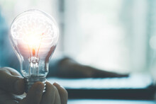Businessman Holding Glowing Lightbulb With Brain And Using Computer Laptop To Input Business Strategy Idea , Creative Thinking Ideas And Innovation Concept.