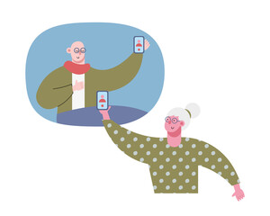 Poster - old couple using technology in video calling characters