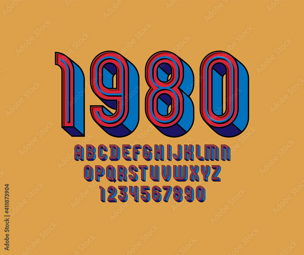 3D Font from retro color, trendy red alphabet with blue line, condensed ...