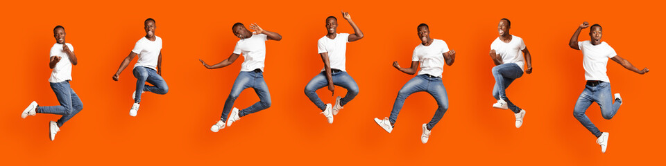 Collage of jumping stylish black guy on orange