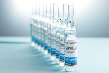 Wall Mural - Covid-19 Corona Virus 2019-ncov vaccine vials medicine drug bottles syringe injection blue nitrile surgical gloves. Vaccination, immunization, treatment to cure Covid 19 Corona Virus infection