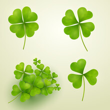 Saint Patricks Green Set Of Clover Leaves Or Shamrock On White. Lucky Clover Leaf Realistic For Your Design. Vector Illustration. Isolated On White Background.