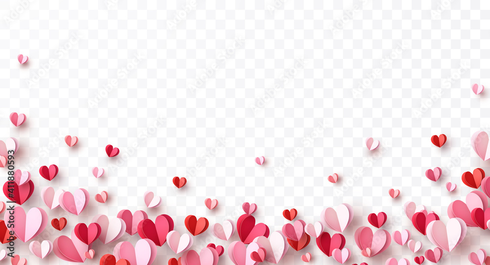 Valentine's paper confetti hearts isolated on transparent background. Vector pink and red symbols of love border for romantic banner or Happy Mother's Day greeting card design - obrazy, fototapety, plakaty 