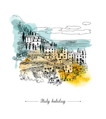 Wall Mural - Summer holiday card. Illustration  of mediterranean landscape