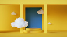 3d Render, Abstract Background With Levitating Clouds Inside The Yellow Room With Blue Window. Simple Geometric Showcase Scene With Empty Platform For Product Presentation