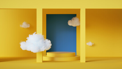 Wall Mural - 3d render, abstract background with levitating clouds inside the yellow room with blue window. Simple geometric showcase scene with empty platform for product presentation