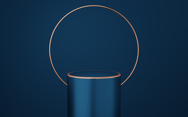 Wall Mural - Empty blue cylinder podium with gold border and copper circle on blue background. Abstract minimal studio 3d geometric shape object. Mockup space for display of product design. 3d rendering.