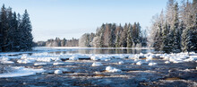 Cold Morning In A Wintry Landscape. Farnebofjarden National Park In North Of Sweden