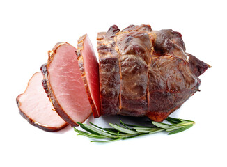 Ham with rosemary isolated on white.