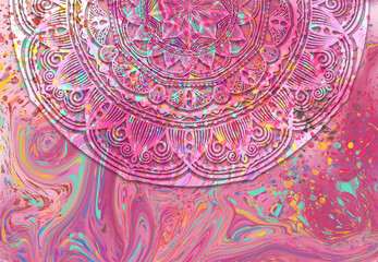 Wall Mural - abstract mandala graphic design and watercolor digital art painting for ancient geometric concept ba