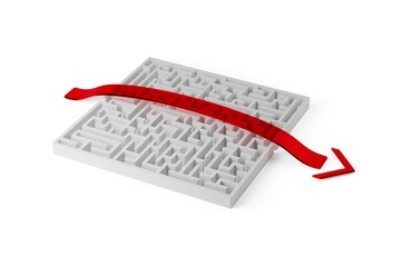 Wall Mural - red path around white maze or labyrinth over white background, simple solution, success or strategy 