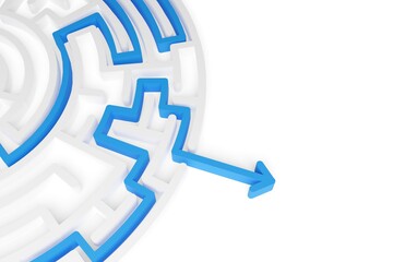 Wall Mural - blue path thru white maze or labyrinth over white background, success, strategy or solution concept