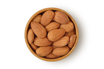Wall Mural - Almonds in wooden bowl on white background