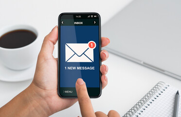 Poster - Phone With New E-Mail Message Notification In Females Hands, Closeup
