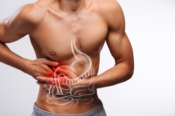 Stomach pain, human abdomen painful zone