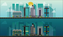 Day | Night | City Scape Vector Illustration On Building In Day Time And Night
