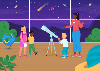 Poster - Astronomy lesson flat color vector illustration. Dive into maps and guidebooks. Teacher telling interesting information to children 2D cartoon characters with night sky with stars on background