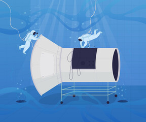 Poster - Underwater astronaut training flat color vector illustration. Complex process of preparing astronauts in regions around the world 2D cartoon characters with special measurement scales on background