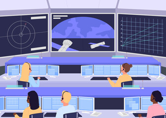 Poster - Mission control center flat color vector illustration. Facility that manages space flights from point of launch until landing 2D cartoon characters with big screen and devices on background