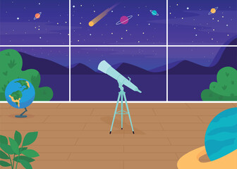 Poster - Astronomical observatory flat color vector illustration. Structure containing telescopes and auxiliary instruments to observe planets 2D cartoon interior with night sky with starts on background