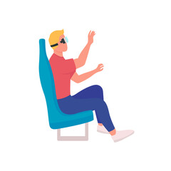 Poster - Using virtual reality devices flat color vector faceless character. Visiting modern cinema. Visiting space using modern technologies isolated cartoon illustration for web graphic design and animation